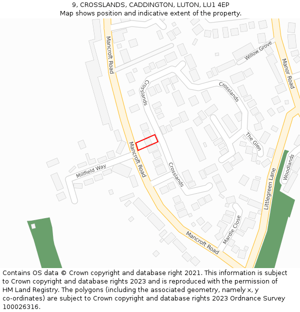 9, CROSSLANDS, CADDINGTON, LUTON, LU1 4EP: Location map and indicative extent of plot