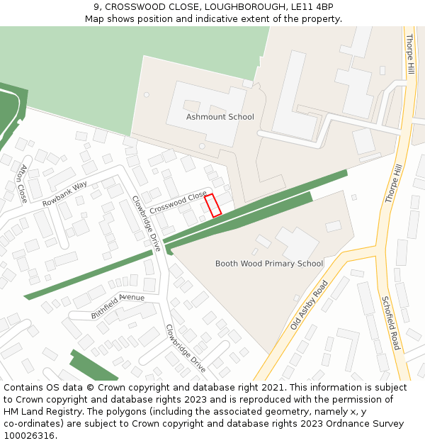 9, CROSSWOOD CLOSE, LOUGHBOROUGH, LE11 4BP: Location map and indicative extent of plot
