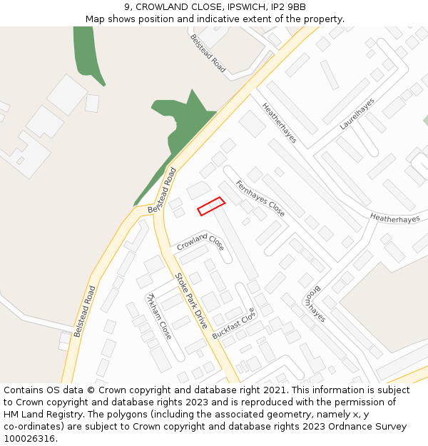 9, CROWLAND CLOSE, IPSWICH, IP2 9BB: Location map and indicative extent of plot