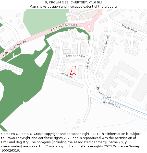 9, CROWN RISE, CHERTSEY, KT16 9LF: Location map and indicative extent of plot