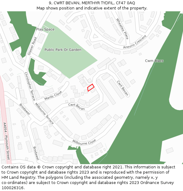 9, CWRT BEVAN, MERTHYR TYDFIL, CF47 0AQ: Location map and indicative extent of plot