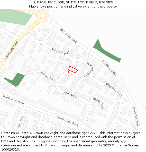 9, DANBURY CLOSE, SUTTON COLDFIELD, B76 2BW: Location map and indicative extent of plot