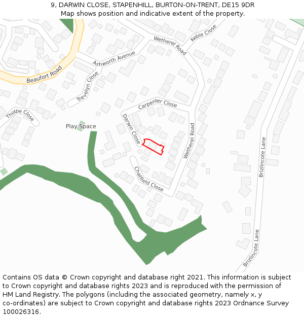 9, DARWIN CLOSE, STAPENHILL, BURTON-ON-TRENT, DE15 9DR: Location map and indicative extent of plot