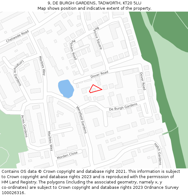 9, DE BURGH GARDENS, TADWORTH, KT20 5LU: Location map and indicative extent of plot