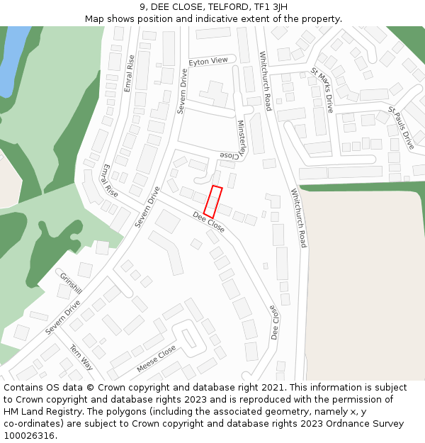 9, DEE CLOSE, TELFORD, TF1 3JH: Location map and indicative extent of plot