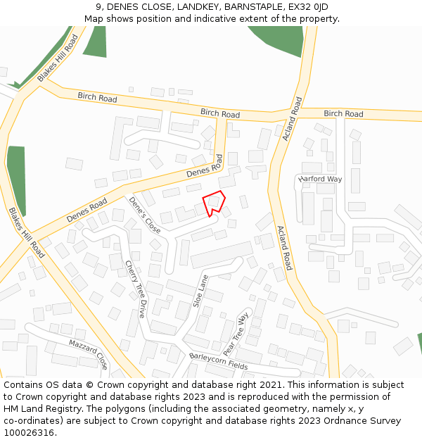 9, DENES CLOSE, LANDKEY, BARNSTAPLE, EX32 0JD: Location map and indicative extent of plot