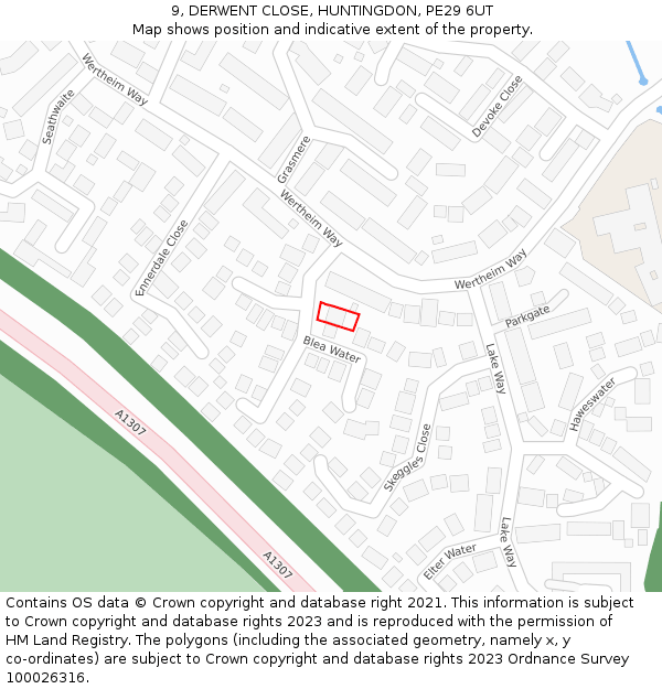 9, DERWENT CLOSE, HUNTINGDON, PE29 6UT: Location map and indicative extent of plot