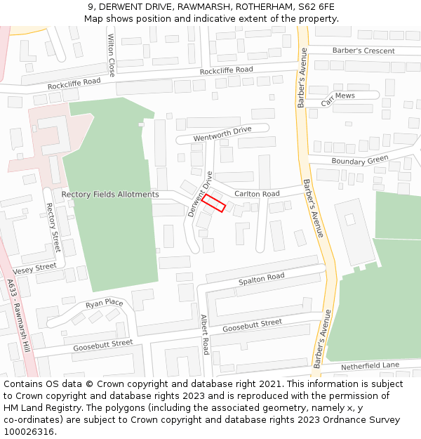 9, DERWENT DRIVE, RAWMARSH, ROTHERHAM, S62 6FE: Location map and indicative extent of plot
