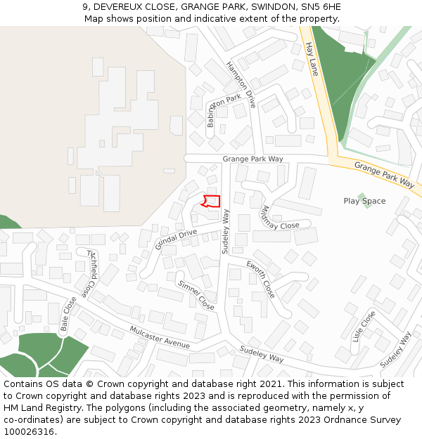 9, DEVEREUX CLOSE, GRANGE PARK, SWINDON, SN5 6HE: Location map and indicative extent of plot