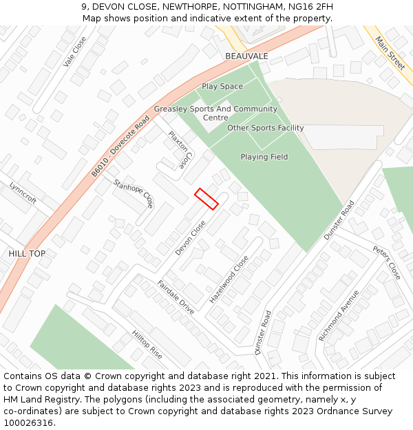 9, DEVON CLOSE, NEWTHORPE, NOTTINGHAM, NG16 2FH: Location map and indicative extent of plot