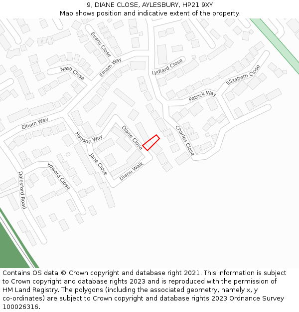 9, DIANE CLOSE, AYLESBURY, HP21 9XY: Location map and indicative extent of plot