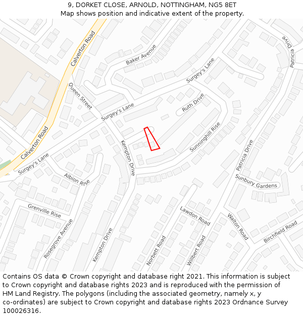 9, DORKET CLOSE, ARNOLD, NOTTINGHAM, NG5 8ET: Location map and indicative extent of plot