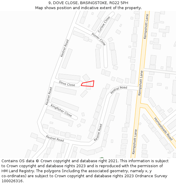 9, DOVE CLOSE, BASINGSTOKE, RG22 5PH: Location map and indicative extent of plot