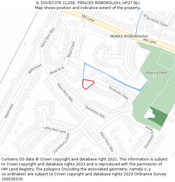 9, DOVECOTE CLOSE, PRINCES RISBOROUGH, HP27 9JU: Location map and indicative extent of plot