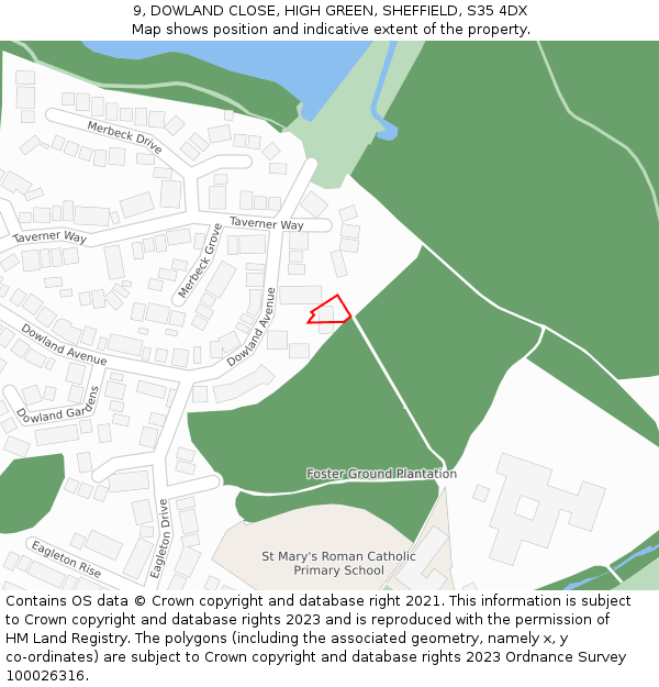 9, DOWLAND CLOSE, HIGH GREEN, SHEFFIELD, S35 4DX: Location map and indicative extent of plot