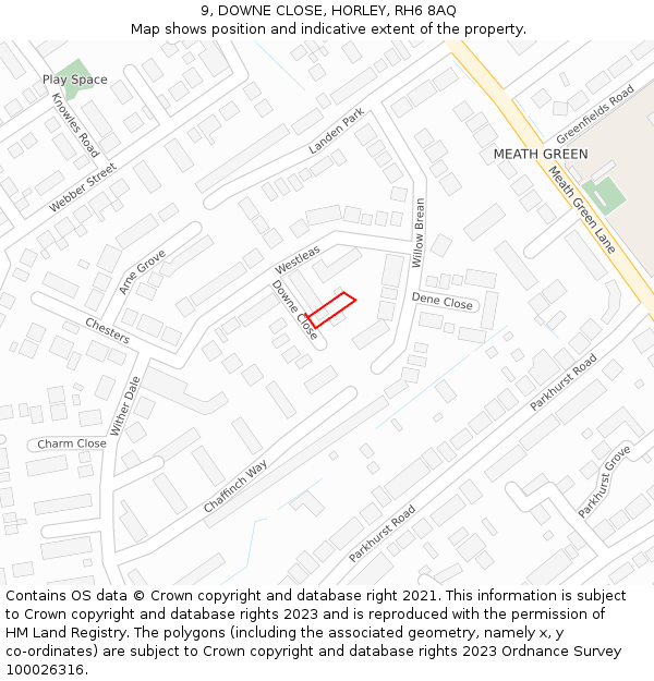 9, DOWNE CLOSE, HORLEY, RH6 8AQ: Location map and indicative extent of plot