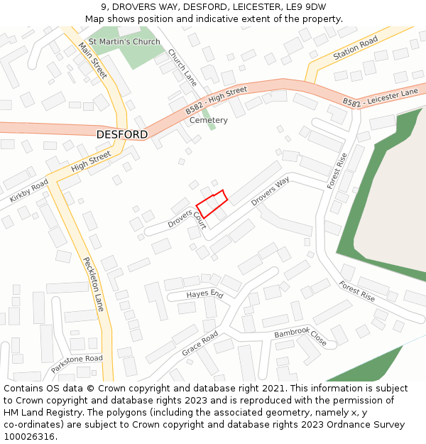 9, DROVERS WAY, DESFORD, LEICESTER, LE9 9DW: Location map and indicative extent of plot