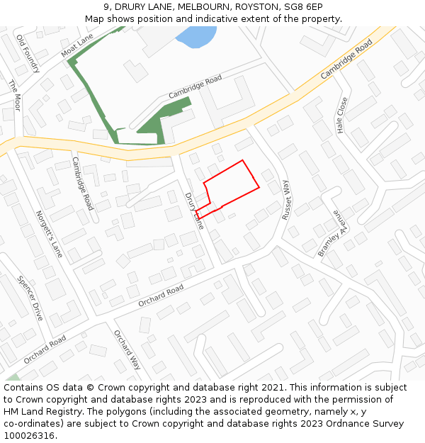 9, DRURY LANE, MELBOURN, ROYSTON, SG8 6EP: Location map and indicative extent of plot