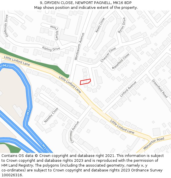 9, DRYDEN CLOSE, NEWPORT PAGNELL, MK16 8DP: Location map and indicative extent of plot