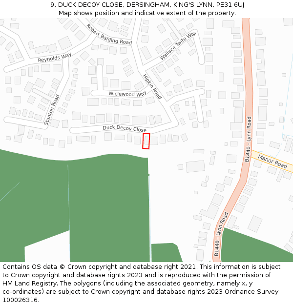 9, DUCK DECOY CLOSE, DERSINGHAM, KING'S LYNN, PE31 6UJ: Location map and indicative extent of plot