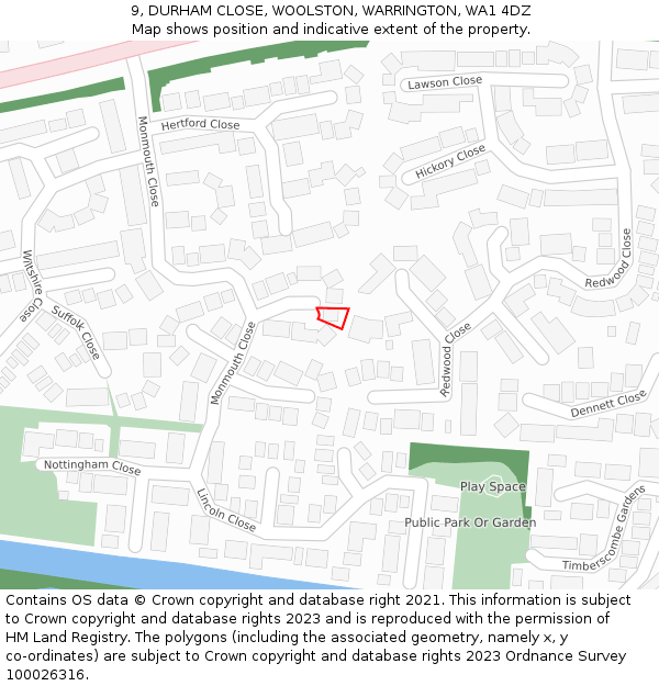 9, DURHAM CLOSE, WOOLSTON, WARRINGTON, WA1 4DZ: Location map and indicative extent of plot