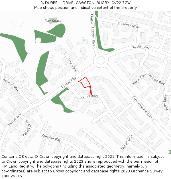 9, DURRELL DRIVE, CAWSTON, RUGBY, CV22 7GW: Location map and indicative extent of plot