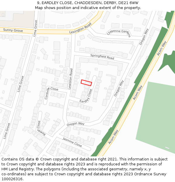 9, EARDLEY CLOSE, CHADDESDEN, DERBY, DE21 6WW: Location map and indicative extent of plot