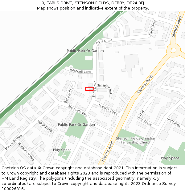 9, EARLS DRIVE, STENSON FIELDS, DERBY, DE24 3FJ: Location map and indicative extent of plot