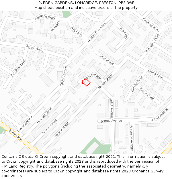 9, EDEN GARDENS, LONGRIDGE, PRESTON, PR3 3WF: Location map and indicative extent of plot