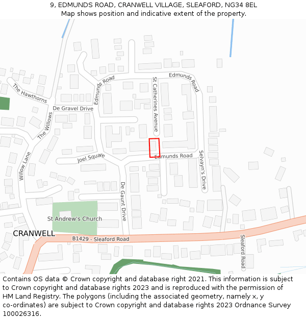 9, EDMUNDS ROAD, CRANWELL VILLAGE, SLEAFORD, NG34 8EL: Location map and indicative extent of plot