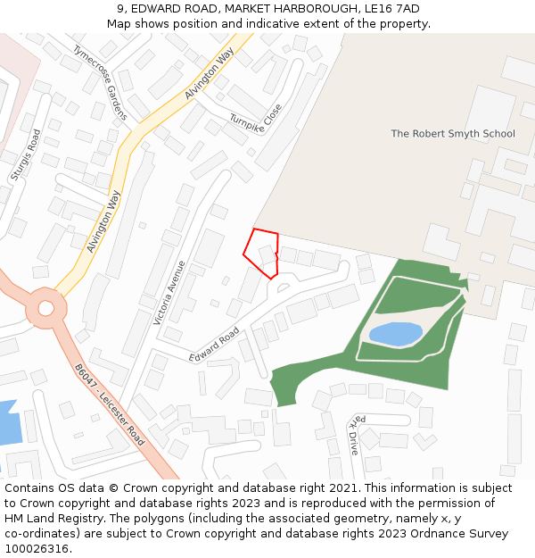 9, EDWARD ROAD, MARKET HARBOROUGH, LE16 7AD: Location map and indicative extent of plot
