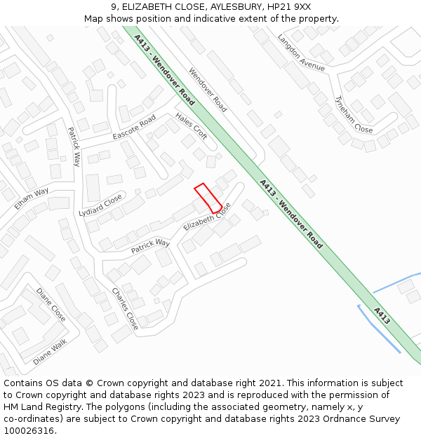 9, ELIZABETH CLOSE, AYLESBURY, HP21 9XX: Location map and indicative extent of plot