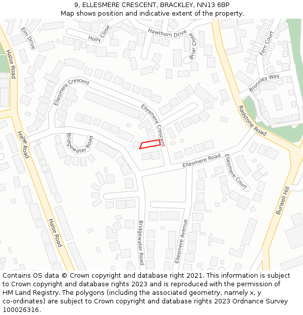 9, ELLESMERE CRESCENT, BRACKLEY, NN13 6BP: Location map and indicative extent of plot