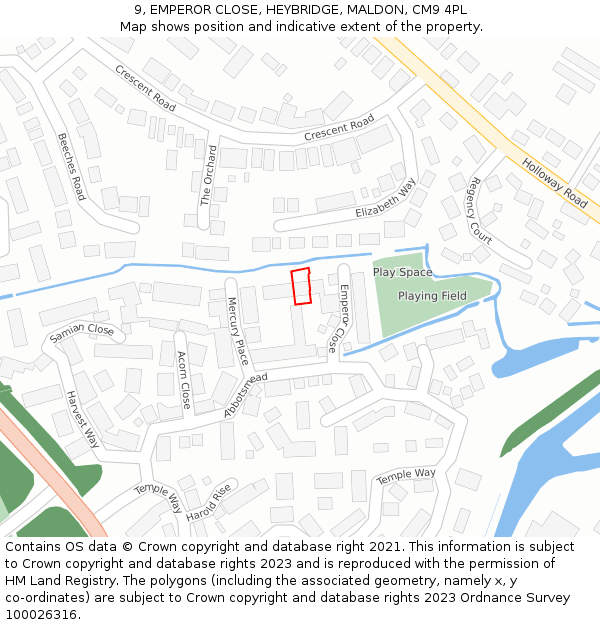 9, EMPEROR CLOSE, HEYBRIDGE, MALDON, CM9 4PL: Location map and indicative extent of plot