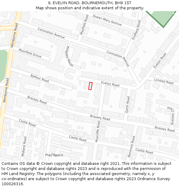 9, EVELYN ROAD, BOURNEMOUTH, BH9 1ST: Location map and indicative extent of plot