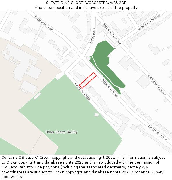 9, EVENDINE CLOSE, WORCESTER, WR5 2DB: Location map and indicative extent of plot