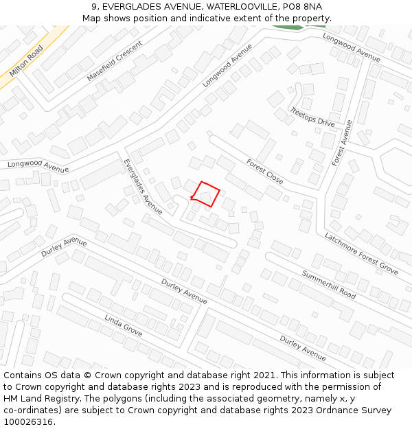 9, EVERGLADES AVENUE, WATERLOOVILLE, PO8 8NA: Location map and indicative extent of plot