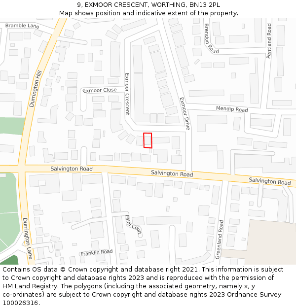 9, EXMOOR CRESCENT, WORTHING, BN13 2PL: Location map and indicative extent of plot