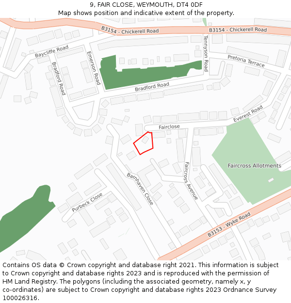 9, FAIR CLOSE, WEYMOUTH, DT4 0DF: Location map and indicative extent of plot