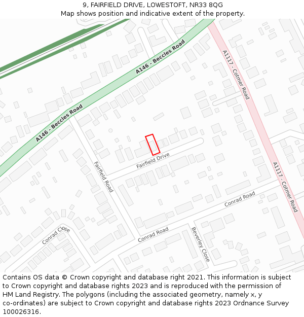 9, FAIRFIELD DRIVE, LOWESTOFT, NR33 8QG: Location map and indicative extent of plot