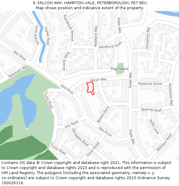 9, FALCON WAY, HAMPTON VALE, PETERBOROUGH, PE7 8EU: Location map and indicative extent of plot