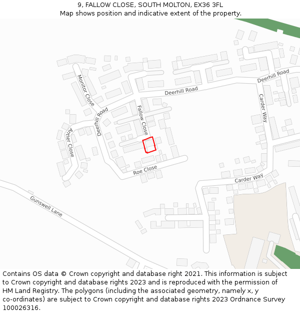 9, FALLOW CLOSE, SOUTH MOLTON, EX36 3FL: Location map and indicative extent of plot