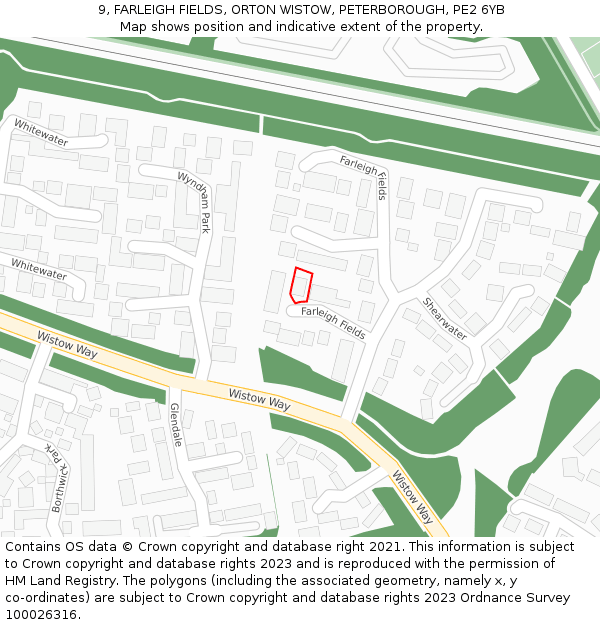 9, FARLEIGH FIELDS, ORTON WISTOW, PETERBOROUGH, PE2 6YB: Location map and indicative extent of plot