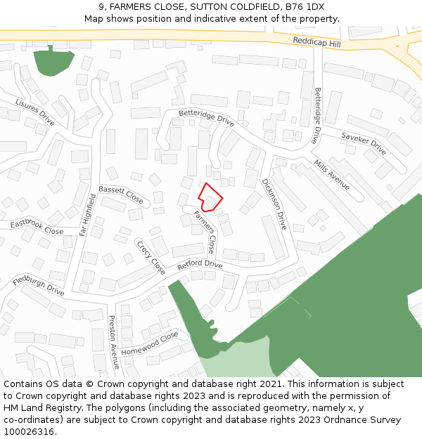 9, FARMERS CLOSE, SUTTON COLDFIELD, B76 1DX: Location map and indicative extent of plot