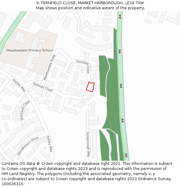 9, FERNFIELD CLOSE, MARKET HARBOROUGH, LE16 7XW: Location map and indicative extent of plot