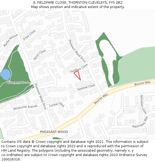 9, FIELDFARE CLOSE, THORNTON-CLEVELEYS, FY5 2BZ: Location map and indicative extent of plot