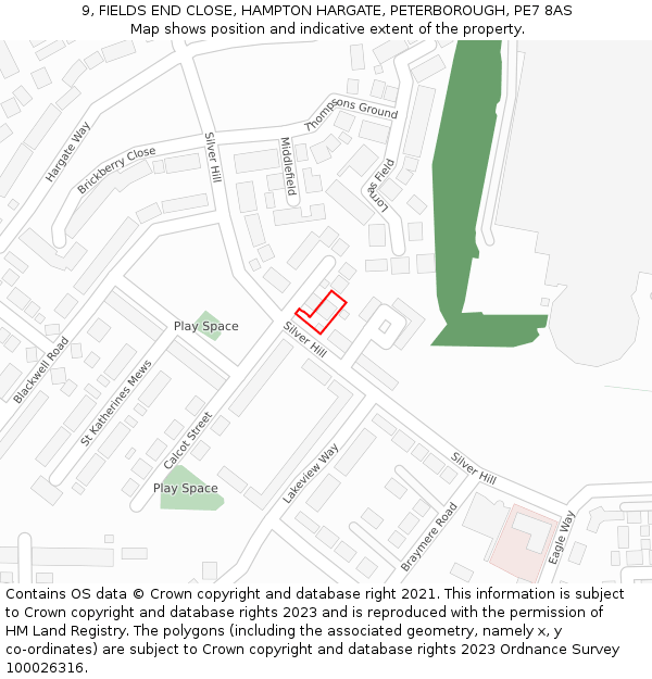 9, FIELDS END CLOSE, HAMPTON HARGATE, PETERBOROUGH, PE7 8AS: Location map and indicative extent of plot
