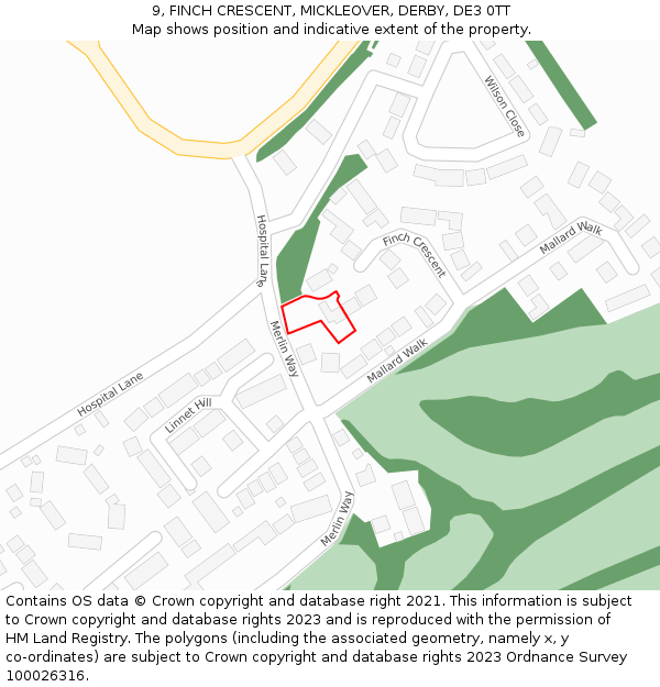 9, FINCH CRESCENT, MICKLEOVER, DERBY, DE3 0TT: Location map and indicative extent of plot