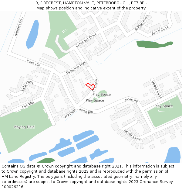 9, FIRECREST, HAMPTON VALE, PETERBOROUGH, PE7 8PU: Location map and indicative extent of plot