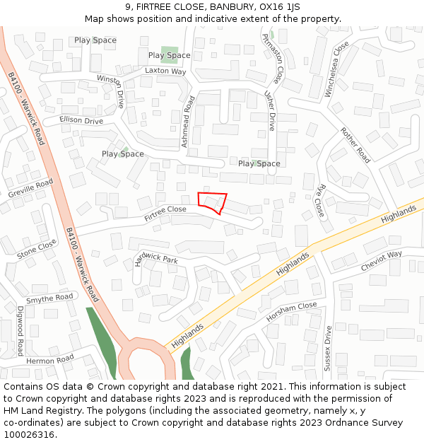 9, FIRTREE CLOSE, BANBURY, OX16 1JS: Location map and indicative extent of plot